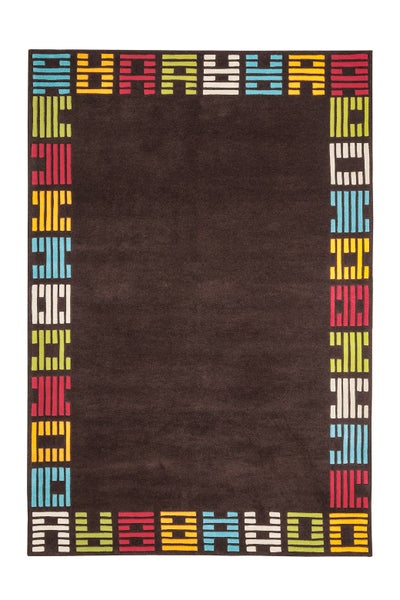 Rechteckiger brauner Teppich mit einer bunten geometrischen Bordüre aus farbigen Linien.
