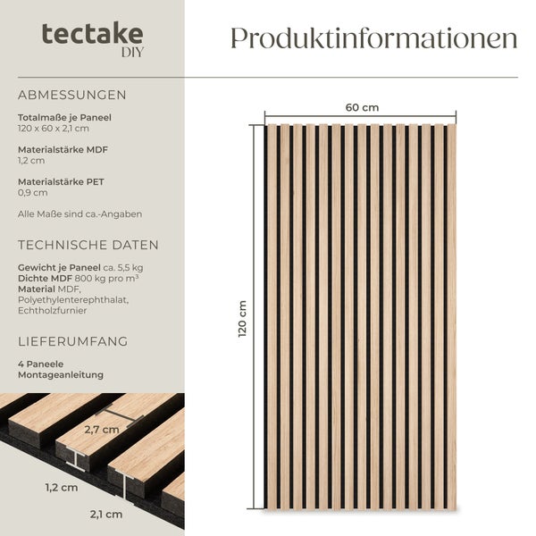 Produktinformationen zum Tectake DIY Paneel mit Maßen und Materialangaben.