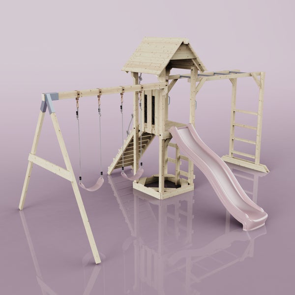 Spielturm aus Holz mit Schaukel, Rutsche und Klettergerüst für den Außenbereich