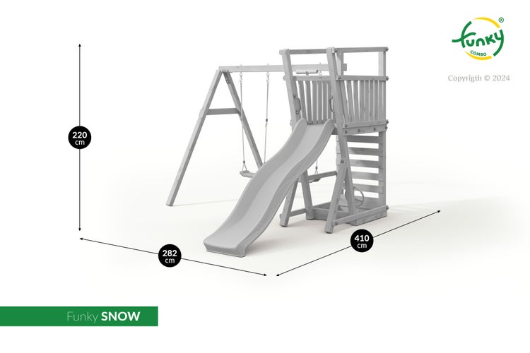 Spielturm Funky SNOW aus hellgrauem Holz mit Rutsche und Doppelschaukel, Maße 220 Zentimeter hoch, 410 Zentimeter breit und 282 Zentimeter tief.
