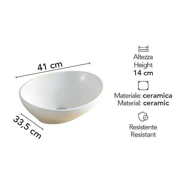 Ovales Aufsatzwaschbecken aus Keramik, Breite 41 Zentimeter, Tiefe 33,5 Zentimeter, Höhe 14 Zentimeter, widerstandsfähig.