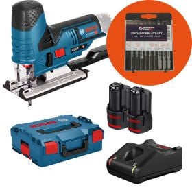 Bosch Professional Akku Stichsaege Set mit zwei Akkus Ladegeraet Stichsaegeblatt Set und Transportkoffer