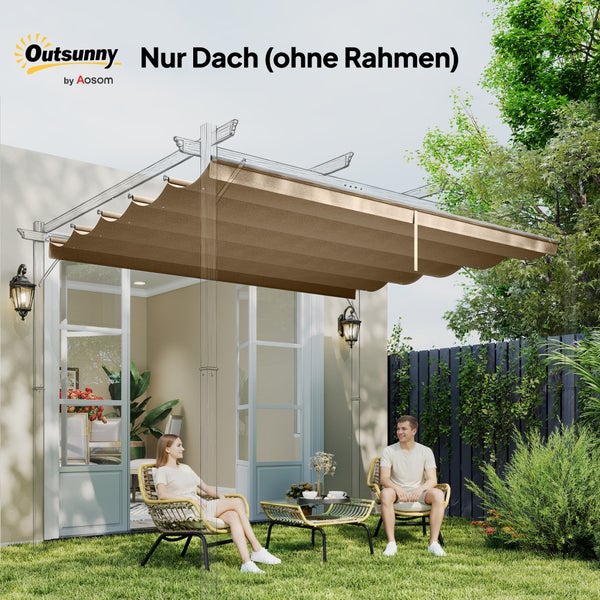 Beige Ersatzdach für Pergola, Stoffdach ohne Gestell in einer hellen Gartenszene mit Sitzgruppe und zwei Personen. Outsunny Logo.