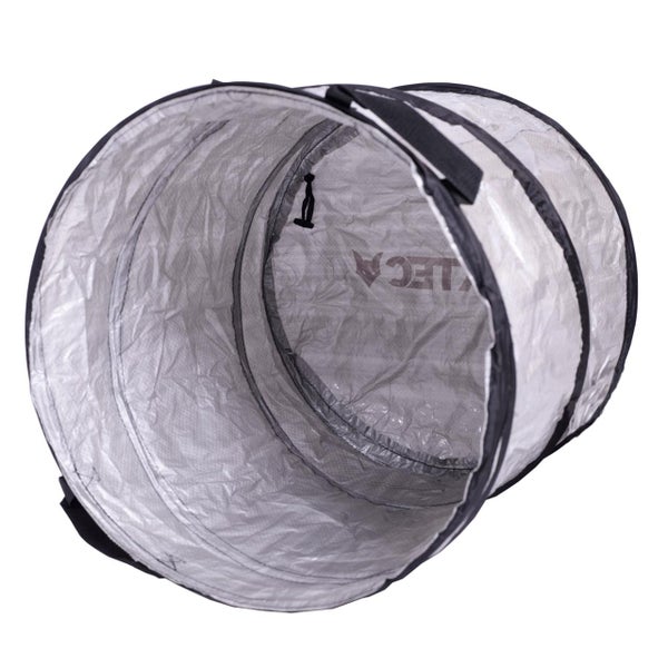 Zylindrischer Pop-up Gartenabfallsack aus silberfarbenem Material mit schwarzen Tragegriffen.