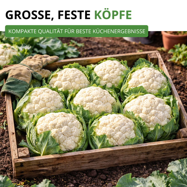 Frischer Blumenkohl mit großen, festen Köpfen in einer Holzkiste auf Gartenerde mit einem Gartenhandschuh.