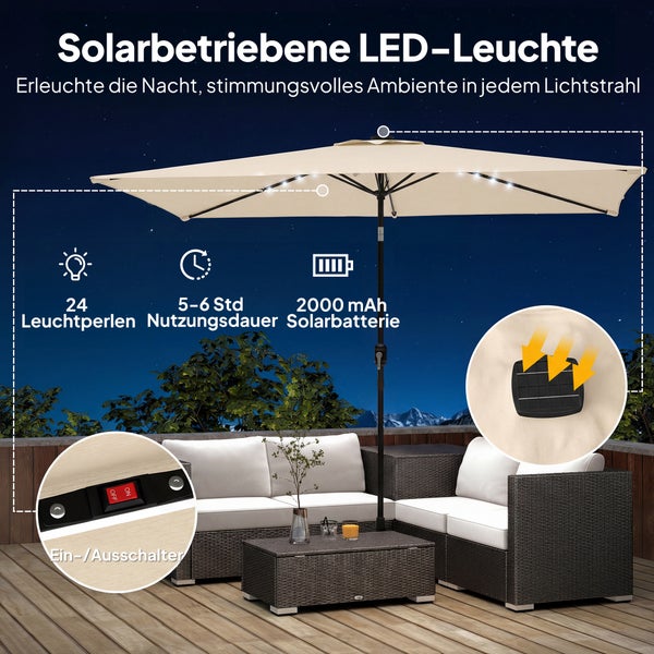 Großer rechteckiger Sonnenschirm mit LED-Beleuchtung an den Streben und Knickgelenk über einer Sitzgruppe aus grauem Polyrattan.