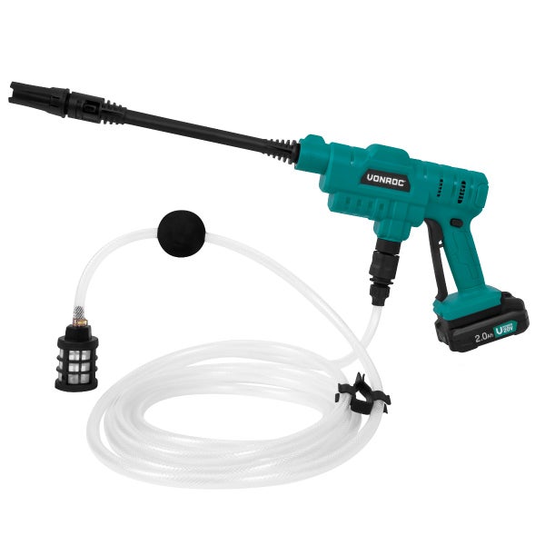 VONROC Profi Akku Hochdruckreiniger mobil 24bar - Kabelloser mini Hochdruckreiniger Akku mit Pistole 198 l/h, Tragbarer Akku Drucksprüher und Akkupumpe inkl 2.0Ah Akku & Ladegerät | Ideal für Auto waschen, Terassenreinigung, Teppichreinigung