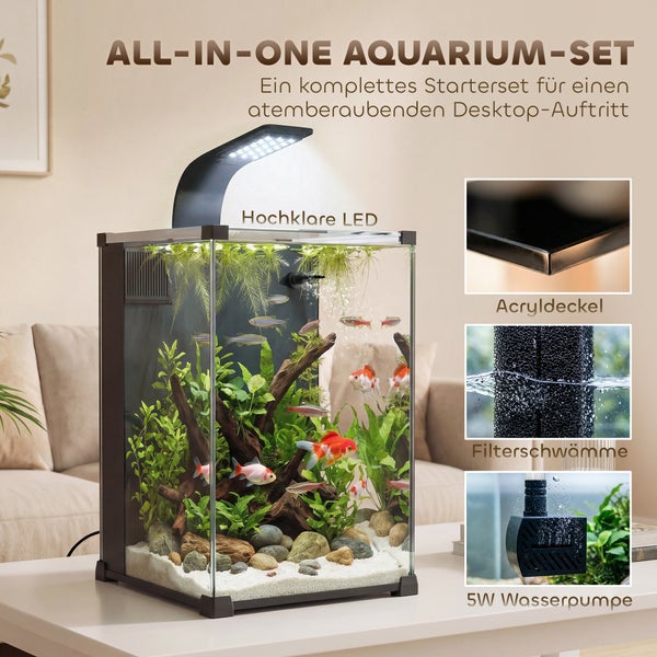 All-in-One Aquarium-Set mit LED-Beleuchtung, Acryldeckel, Filterschwämmen und 5 Watt Wasserpumpe, eingerichtet mit Fischen und Pflanzen.