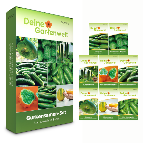 Übersicht mit acht verschiedenen Saatgut-Packungen für Gurken und exotische Gurkensorten der Marke Deine Gartenwelt.