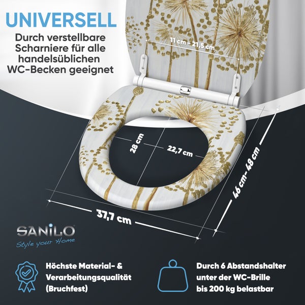 Sanilo WC-Sitz mit Pusteblumen-Motiv und verstellbaren Scharnieren, universell passend für handelsübliche WC-Becken inklusive Maßangaben.