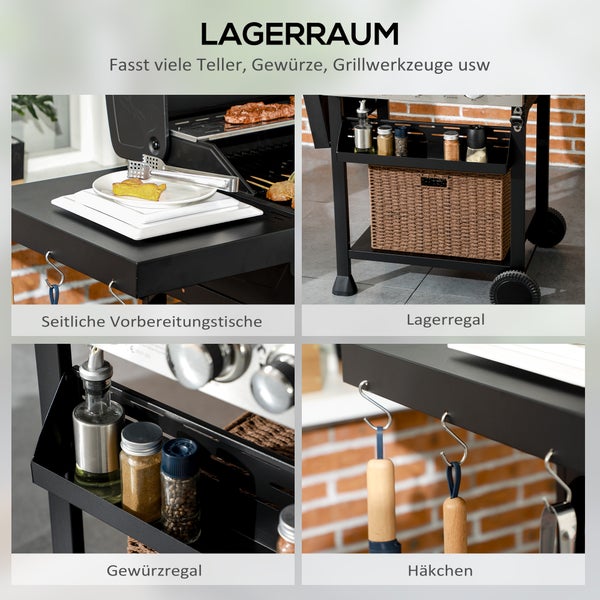 Outsunny Gasgrill 3 KW 3+1 Brenner BBQ Grillwagen aus Edelstahl inkl Seitenbrenner Thermometer Grillrost Kochfeld Flaschenöffner Seitenablagen Gas-Grill für Balkon Camping 123 x 52 x 101cm
