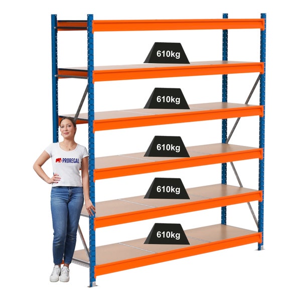 Schwerlastregal mit fünf Regalböden und einer Traglast von 610 Kilogramm pro Boden.