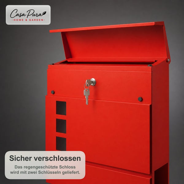 Roter Briefkasten aus Metall mit Schloss und zwei Schlüsseln, Casa Pura Logo, regengeschützt.