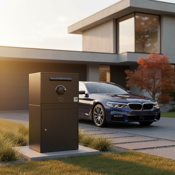 Freistehender Briefkasten mit Paketfach vor einem Wohnhaus und einem Auto