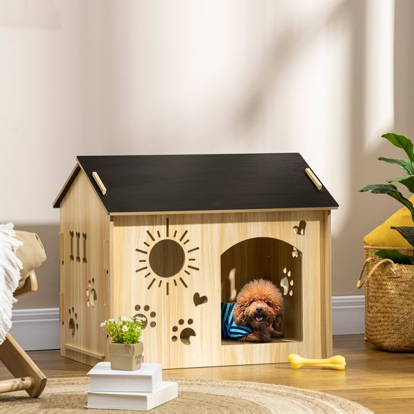 PawHut Hundehütte aus Holz Kleintierhaus mit Lüftungsöffnungen Hundehaus mit Dach Hundehöhle Indoor MDF Eiche+Schwarz 69 x 50 x 58,5 cm