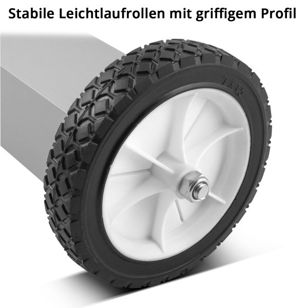 Stabile Leichtlaufrolle mit griffigem Profil und weißer Kunststofffelge.