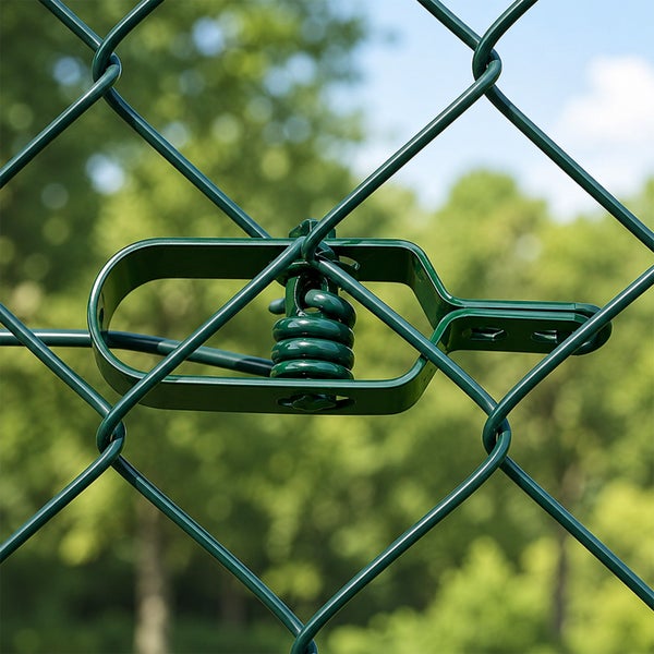 Grüner Drahtspanner aus Metall an einem Maschendrahtzaun zur Spannung des Spanndrahtes.