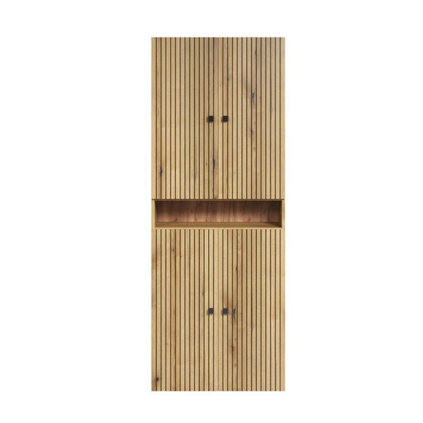 Moderner Hochschrank aus Holz mit Lamellenfront und einem offenen Ablagefach für Stauraum im Badezimmer oder Wohnbereich