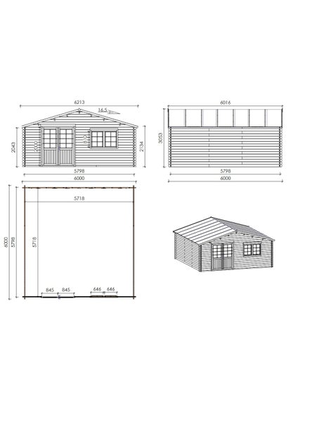 Maßzeichnung Gartenhaus mit Grundriss, Vorderansicht, Seitenansicht, dreidimensionaler Ansicht und Maßangaben in Millimeter.