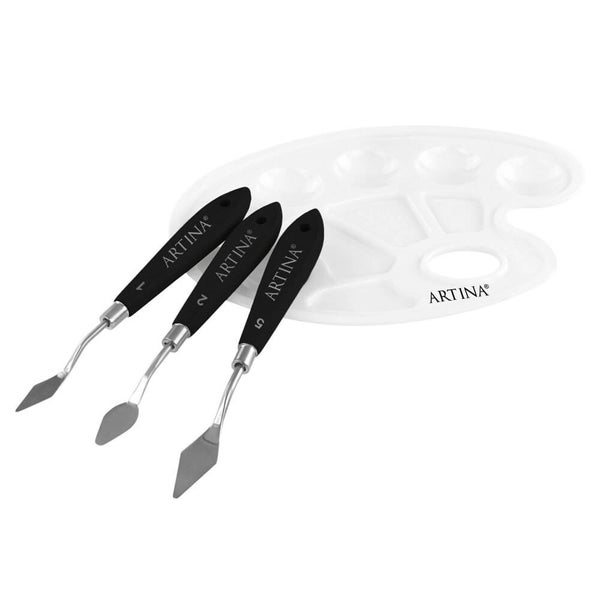 Set aus drei Artina Malmessern und einer Mischpalette für den Künstlerbedarf