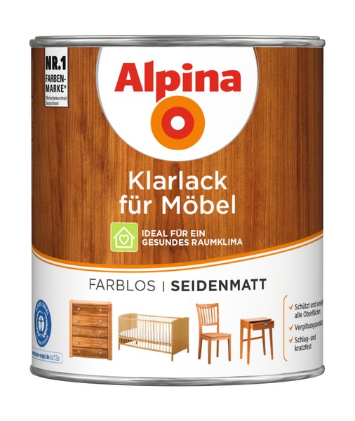 Alpina Klarlack für Möbel, farblos, seidenmatt, schlagfest und kratzfest, für gesundes Raumklima.