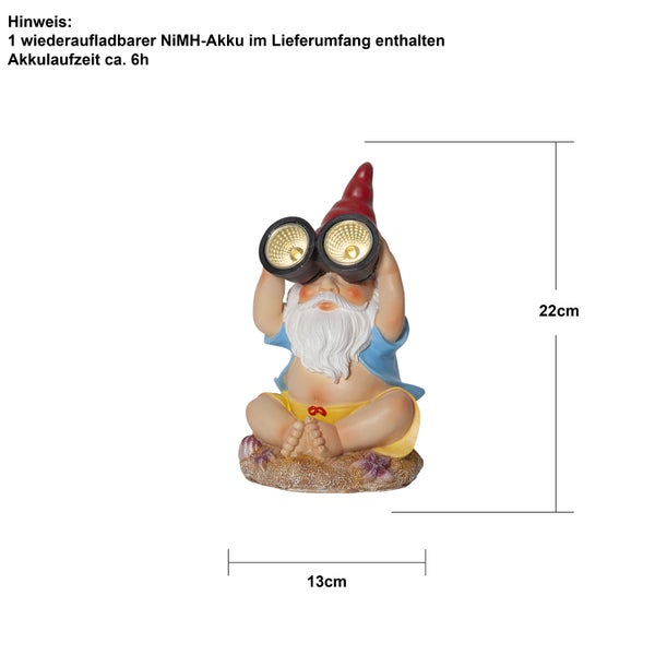 Gartenzwerg mit Fernglas und Beleuchtung, 22 Zentimeter hoch und 13 Zentimeter breit