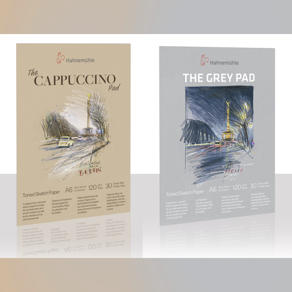 Hahnemühle Toned Sketch Paper Skizzenblöcke The Cappuccino Pad und The Grey Pad im Format DIN A6, 120 Gramm pro Quadratmeter, 30 Blatt.