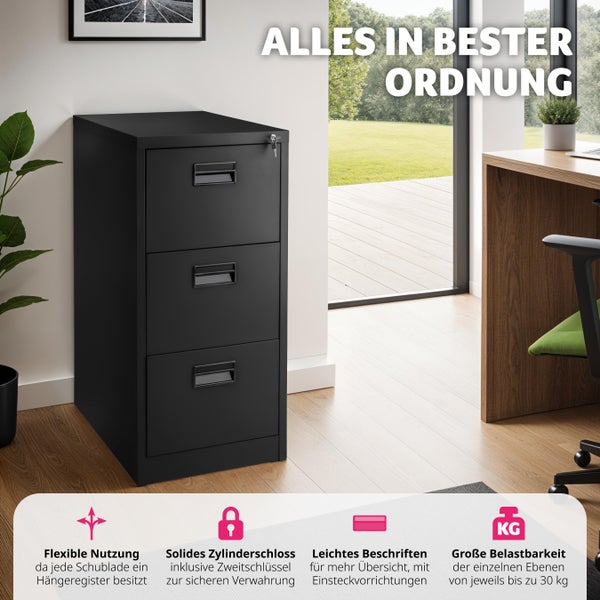 Aktenschrank tectake  62,4 x 46 x 102,8 cm aus pulverbeschichtetem Stahl schwarz