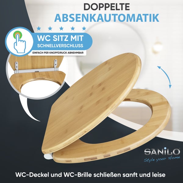 Sanilo WC Sitz aus Bambus mit Absenkautomatik und Schnellverschluss zur einfachen Reinigung, WC Deckel mit Soft Close Funktion.