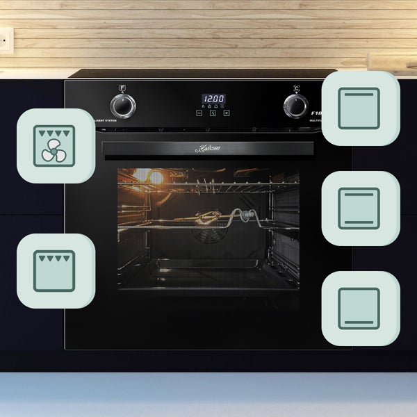 Einbau Backofen mit Drehwähler, Digitaldisplay und Symbolen für verschiedene Heizarten wie Oberhitze, Unterhitze und Umluft in einer Küche.