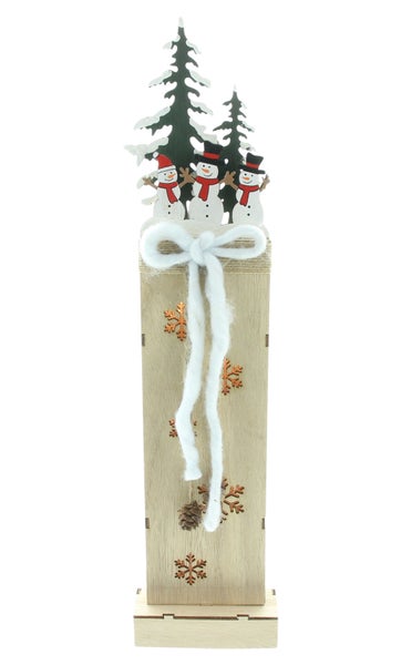 FRANK FLECHTWAREN | LED-Säule Schneemänner im Wald, 11 x 7 x 46 cm, HOLZ, JUTE, WOLLE,