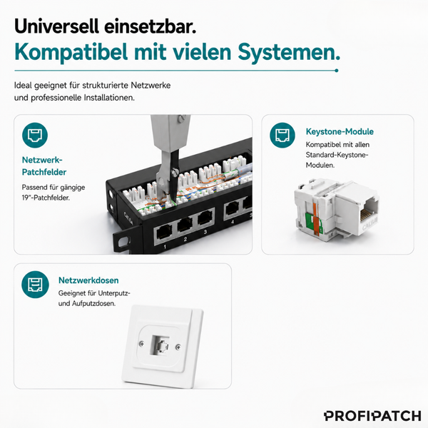 Infografik für PROFIPATCH Netzwerkkomponenten: Kompatibel mit 19 Zoll Patchfeldern, Keystone-Modulen und Netzwerkdosen. PROFIPATCH Logo.