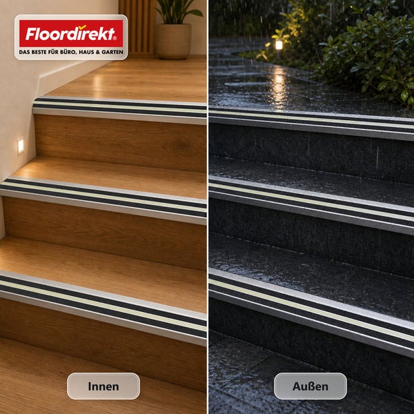 Floordirekt Logo, Treppenkantenprofil mit Antirutschstreifen für den Innen- und Außenbereich zur sicheren Stufenmarkierung.