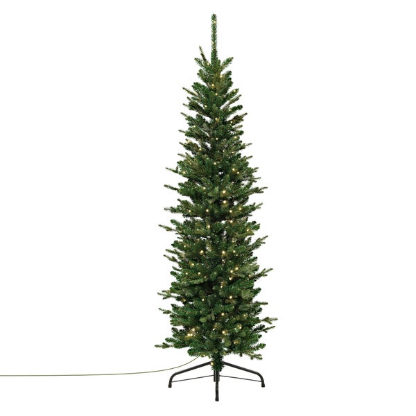 Schmaler künstlicher Weihnachtsbaum mit integrierter LED Beleuchtung auf einem Metallständer für den Innenbereich