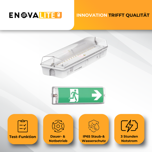 ENOVALITE LED Fluchtwegleuchte Notleuchte 3h Notsromakku TEST Funktion IP65 Notbeleuchtung Wandmontage Fernbedienung