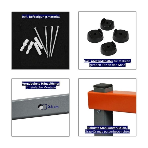 Technische Details: Befestigungsmaterial, Abstandshalter, 0,6 Zentimeter vorgebohrte Löcher und robuste, pulverbeschichtete Stahlkonstruktion.