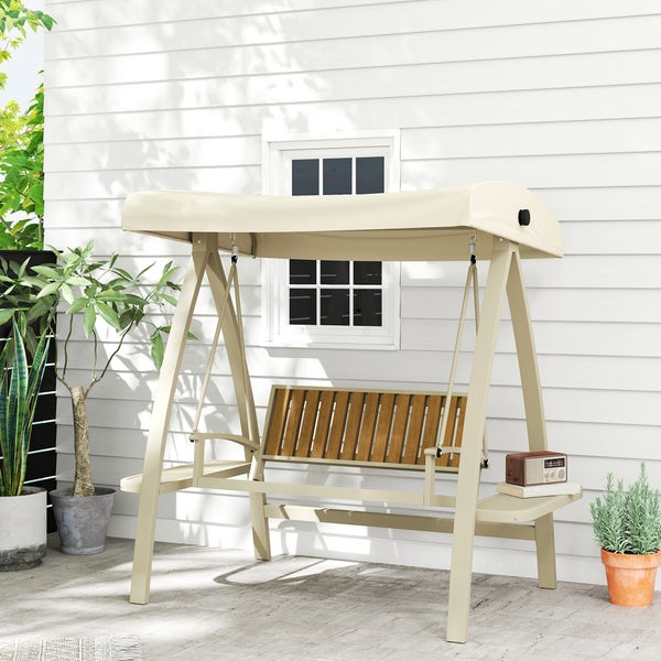 Outsunny Hollywoodschaukel 2-Sitzer Gartenschaukel mit verstellbarem Sonnendach, Seitentisch, Schaukelbank belastbar bis 240kg, für Garten, Terrasse, 200 x 120 x 190cm, Beige
