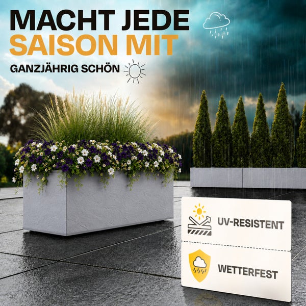 Rechteckige Pflanzkübel im Außenbereich bei Regen und Sonne, UV-beständig und wetterfest für die ganzjährige Nutzung.