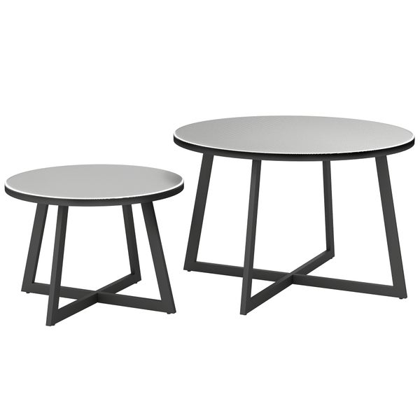 Outsunny 2er Set Beistelltisch Stapelbar Gartentisch Rund wetterfest Balkontisch mit X-Beine Glasplatte Stahl Campingtisch Kaffeetisch für Wohnzimmer Büro Outdoor Indoor Schwarz+Grau