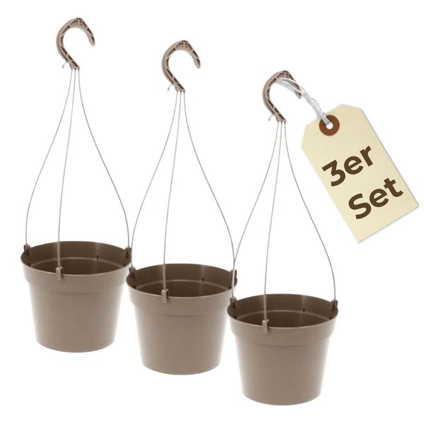 Dreiteiliges Set Blumenampeln aus Kunststoff mit Haken zum Aufhängen.