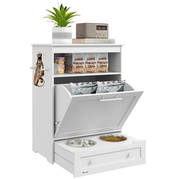 PawHut Haustier-Futterschrank mit 2 Edelstahlnäpfen, 3 Haken, Tierfutterschrank mit Lagerschrank, offenem Fach & Kipptür, Hundefutterstation für Hunde, 61 x 35,5 x 82 cm, Weiß