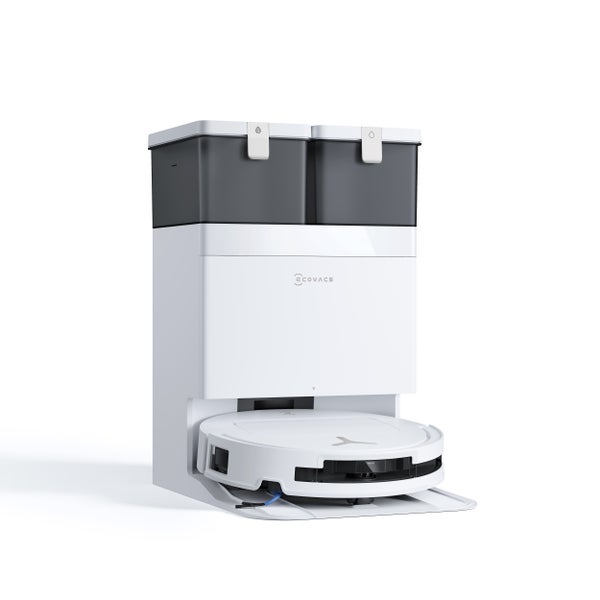 Weißer Ecovacs Saug- und Wischroboter mit einer weißen Reinigungsstation und zwei grauen Tanks für Frischwasser und Schmutzwasser.