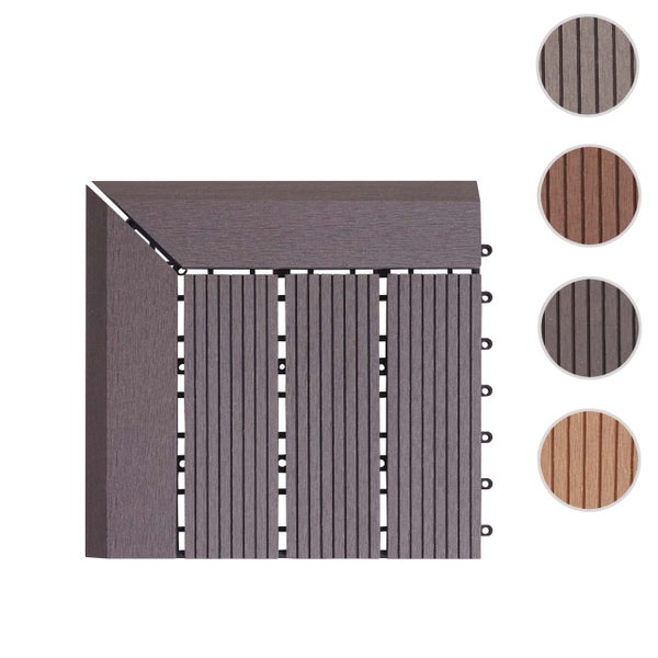 Wood-Plastic-Composite Klickfliese mit Eckprofil und geriffelter Oberfläche in verschiedenen Farben.
