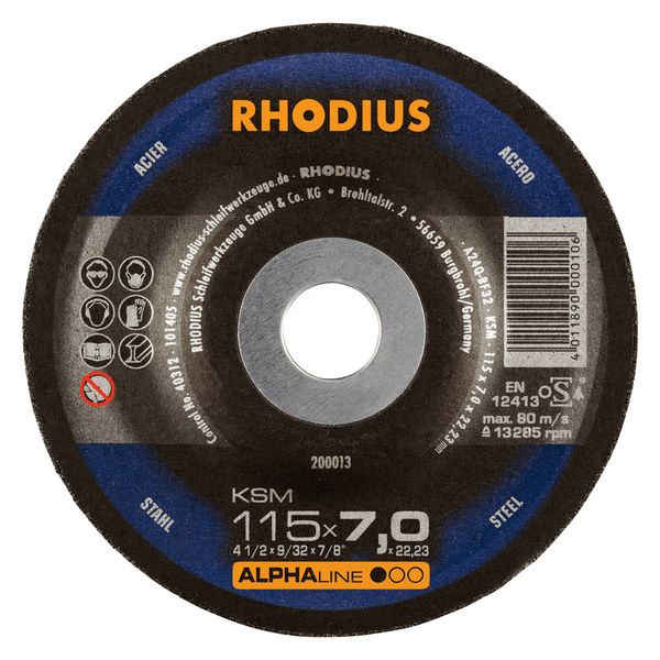 RHODIUS Schruppscheibe KSM, 5 Stück, 115 x 7,0 x 22,23 mm für Stahl, Metall, ALPHAline