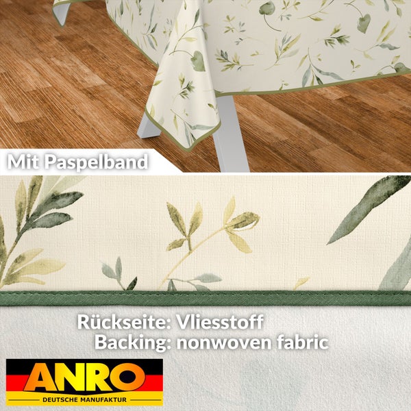 Tischdecke mit Blätterdruck und Paspelband