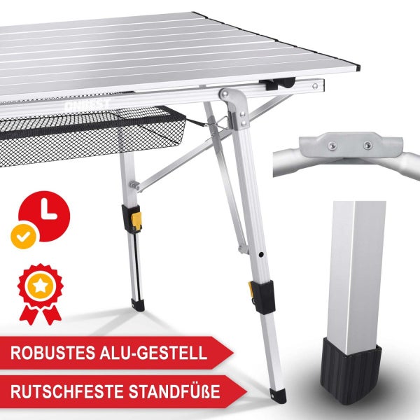 Klappbarer Campingtisch aus Aluminium mit robustem Gestell, praktischem Ablagenetz und rutschfesten Standfüßen.
