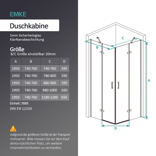 EMKE Duschkabine Eckeinstieg 75x75 cm, Pendeltür mit Festteil, 5 mm doppelseitiges NANO-Glas, außen öffnend, mit eckigem Griff, Höhe 195 cm, geeignet für Badezimmer