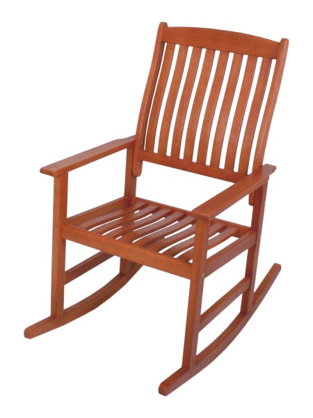 Schaukelstuhl aus Holz für Garten und Terrasse mit Armlehnen und hoher Rückenlehne.