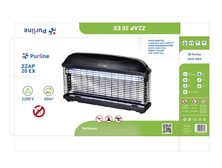 Elektrischer Insektenvernichter Purline ZZAP 20 EX mit UV-Röhren und Hochspannungsgitter für eine Fläche von bis zu 60 Quadratmeter.