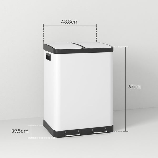 Treteimer mit zwei Fächern und Maßen: Breite 48,8 Zentimeter, Höhe 67 Zentimeter, Tiefe 39,5 Zentimeter.